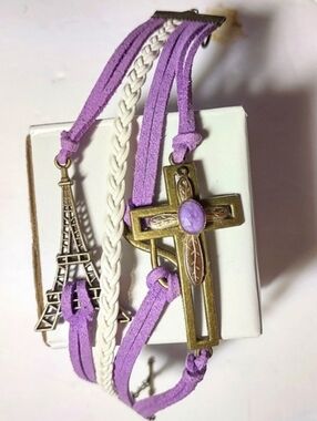 Eiffel Tower, Cross, Infinity Friendship Bracelet Purple Suede